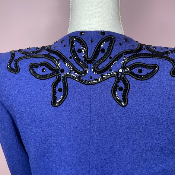 Vintage Sequin Rhinestone Blazer Wool Royal Blue black sequin rhinestone detail - Picture 6 of 11